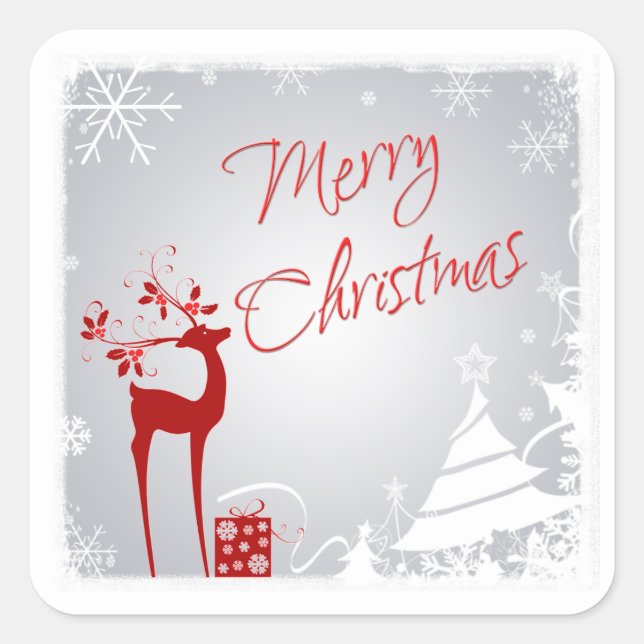 Red Gray Merry Christmas Deer, Snowflakes Sticker (Front)