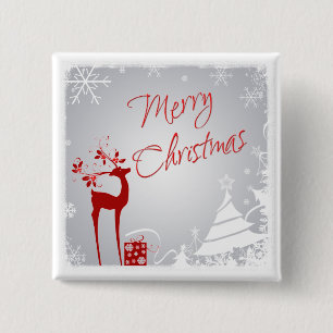 Red, Gray Merry Christmas Deer, Trees, Snow Button