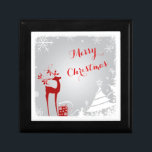 Red, Gray Merry Christmas Snowflakes Jewelry Box<br><div class="desc">Giving a loved one some special jewelry this Christmas? Complete the package with this festive gray, white and red "Merry Christmas" wood and ceramic tile topped jewelry gift box with a red male deer with antlers adorned with holly and berries, a red gift with ribbons, snowflakes, stars, and a variety...</div>