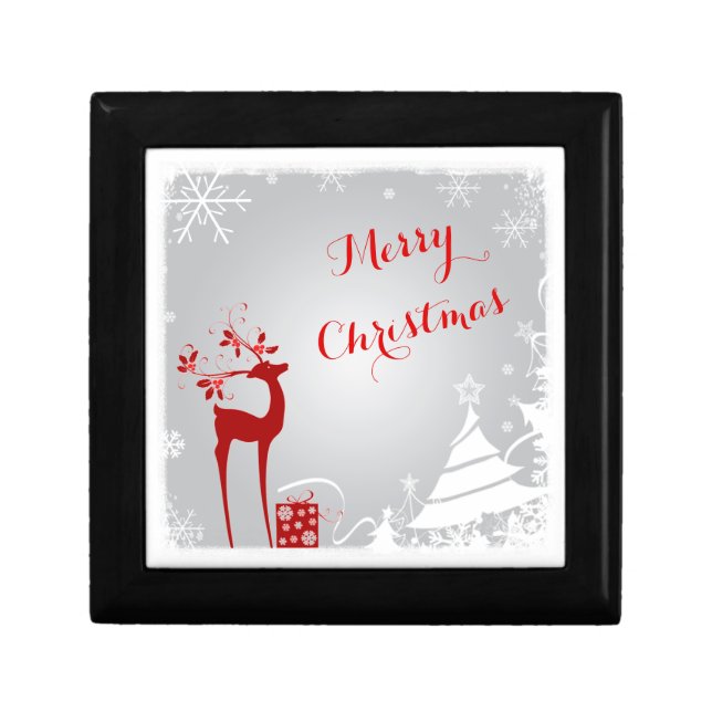 Red, Gray Merry Christmas Snowflakes Jewelry Box (Front)