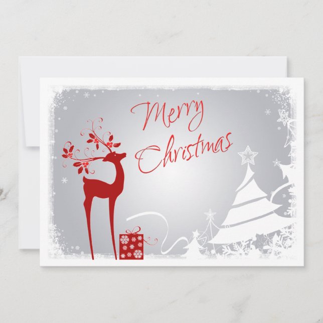 Red, Gray Merry Christmas Trees & Deer Photo Card (Front)