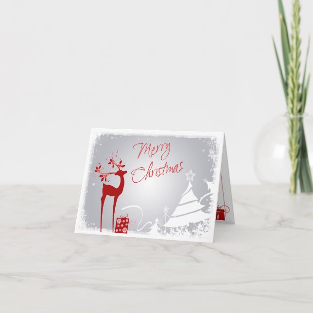 Red, Gray Merry Christmas Trees & Deer Photo Card (Front)