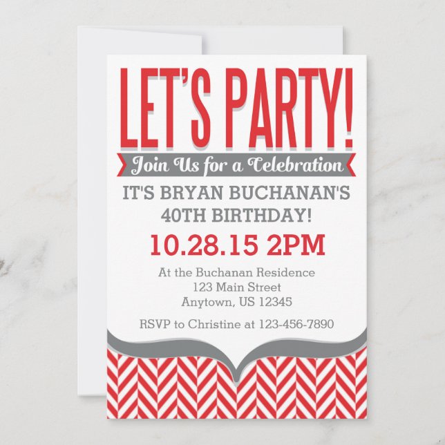 Red Gray Modern Herringbone Birthday Invitations (Front)