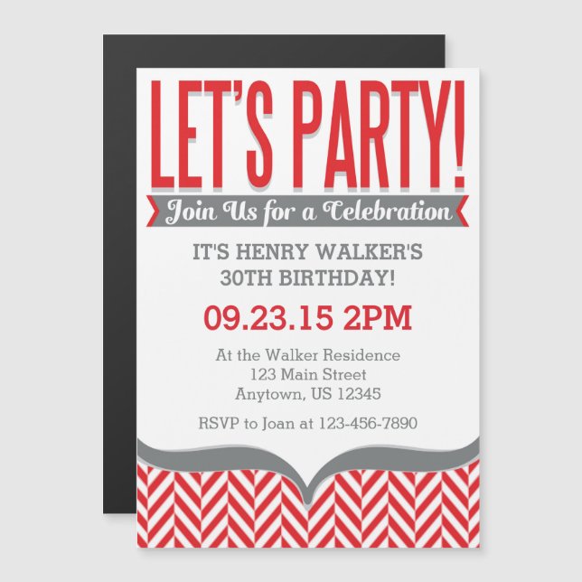 Red Gray Modern Magnetic Birthday Invitations (Front/Back)