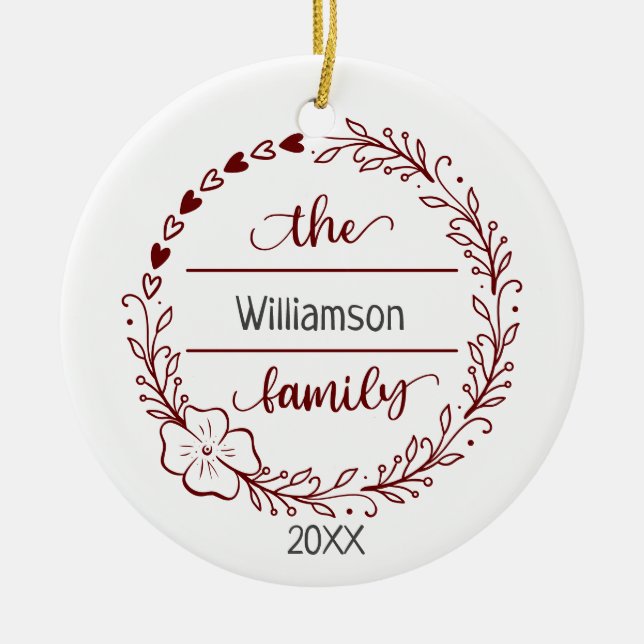 Red Gray Monogram Family Name Floral Wreath  Ceramic Ornament (Front)