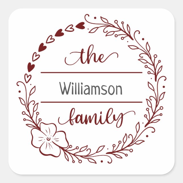 Red Gray Monogram Family Name Floral Wreath Square Sticker (Front)