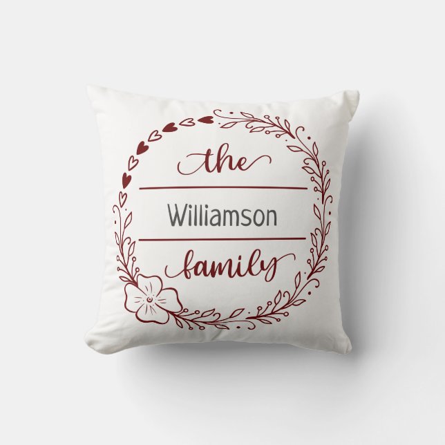 Red Gray Monogram Family Name Floral Wreath  Throw Pillow (Front)