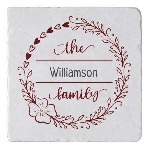 Red Gray Monogram Family Name Floral Wreath  Trivet