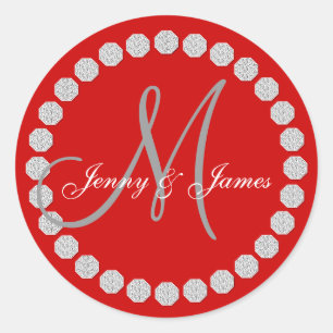 Red Gray Monogram Names Wedding Favor Labels