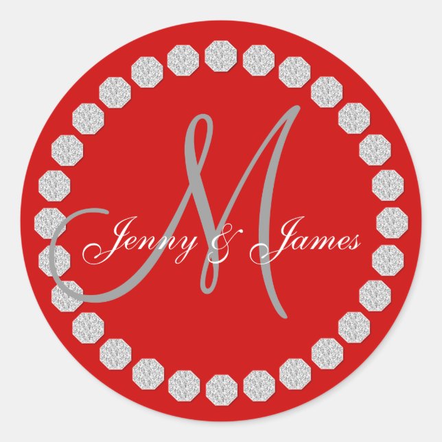 Red Gray Monogram Names Wedding Favor Labels (Front)