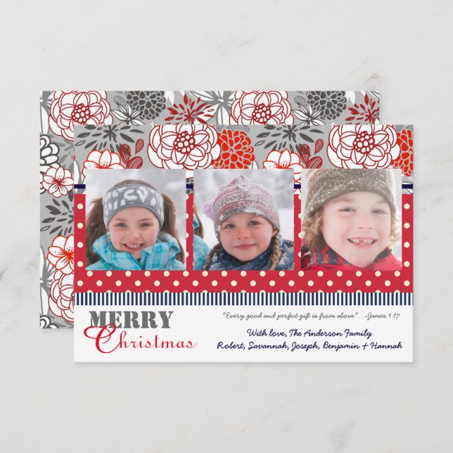Red, Gray, Navy Flowers 3 Photos-3x5Christmas Card (Front/Back)