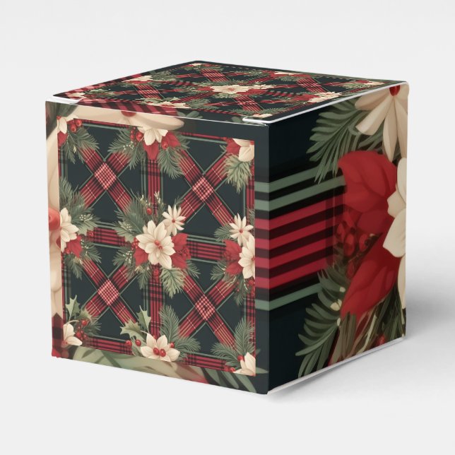 Red & Gray Plaid Cube Favor Gift Box (Front Side)