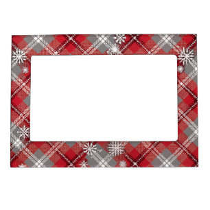 RED GRAY PLAID PATTERN WHITE WINTER SNOWFLAKES MAGNETIC FRAME