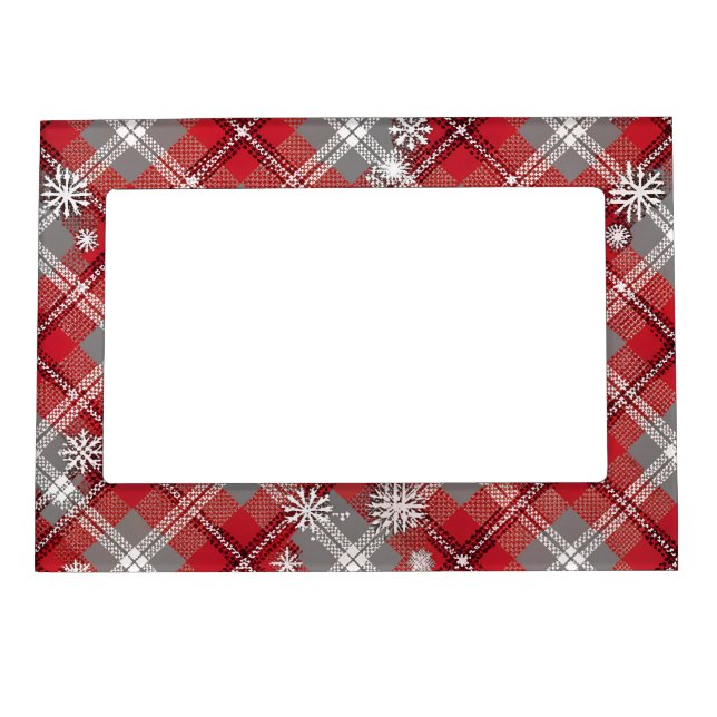 RED GRAY PLAID PATTERN WHITE WINTER SNOWFLAKES MAGNETIC FRAME (Front)
