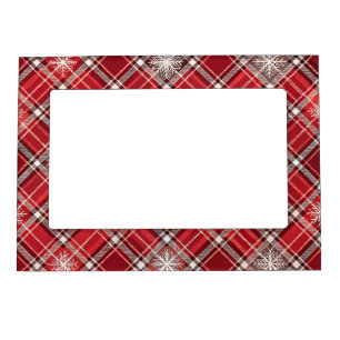 RED GRAY PLAID PATTERN WHITE WINTER SNOWFLAKES MAGNETIC FRAME