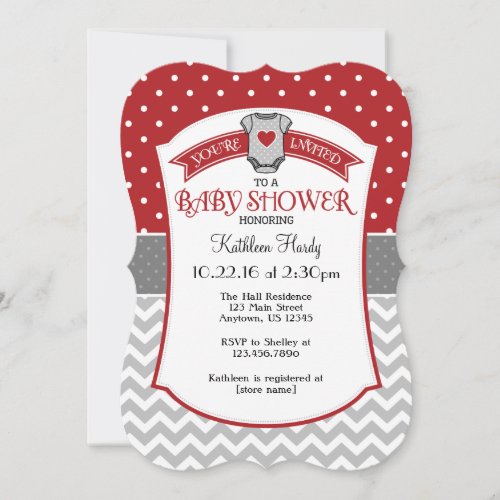 Red Gray Polka Dot Chevron Baby Shower Invite