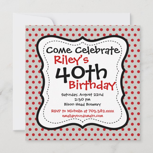 Red Gray Polka Dots 40th Birthday Party Invitation (Front)