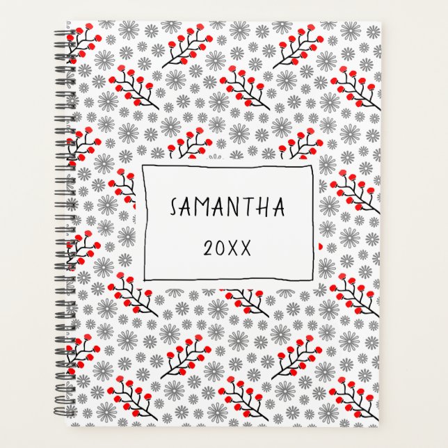 Red Gray Scandinavian Floral Pattern Planner (Front)