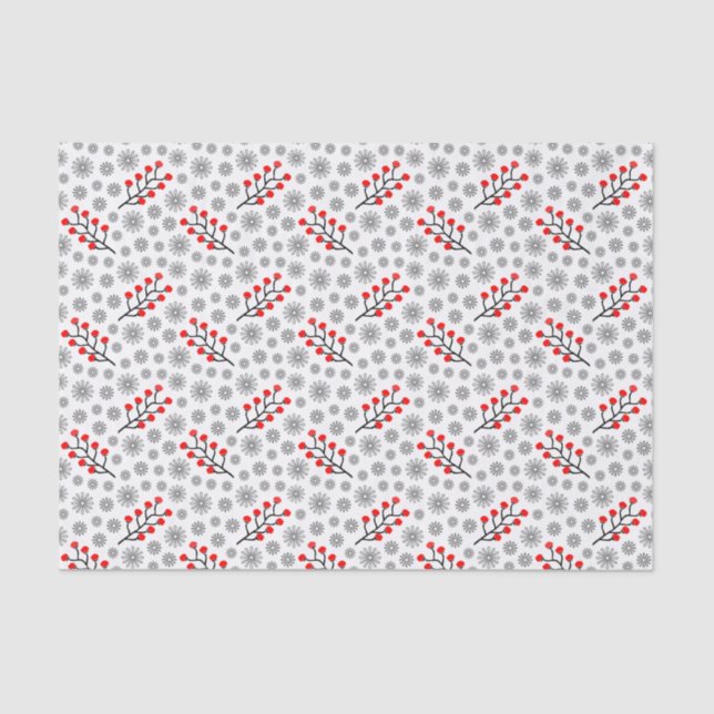 Red Gray Scandinavian Floral Pattern Tissue Paper (Front)