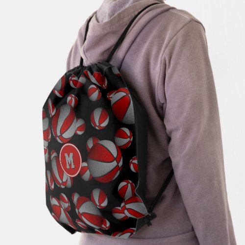 red gray school team colors basketball pattern drawstring bag