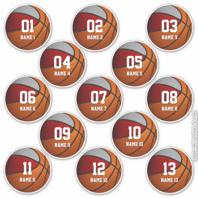 red gray set of 13 basketball kids team gifts sticker (Front)