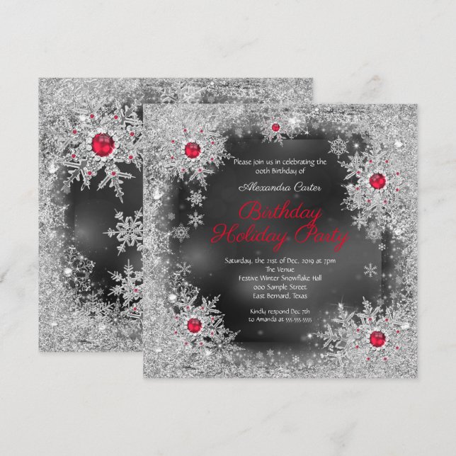 Red gray silver snowflake holiday birthday party invitation (Front/Back)