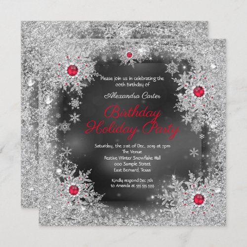 Red gray silver snowflake holiday birthday party invitation