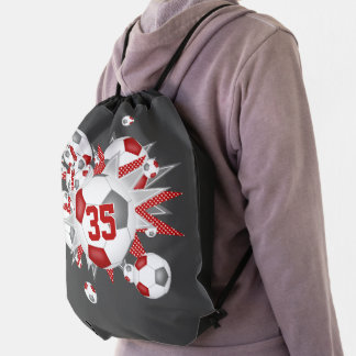 Red gray soccer ball blowout girls jersey number drawstring bag
