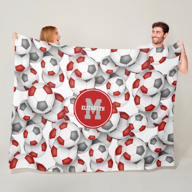 red gray soccer balls pattern monogrammed fleece blanket (In Situ)