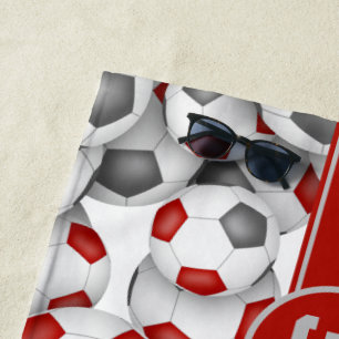 Red gray soccer balls pattern team spirit beach towel