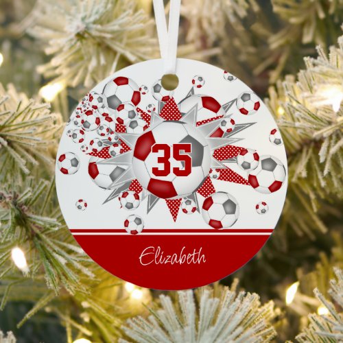 Red gray soccer balls stars personalized  metal ornament