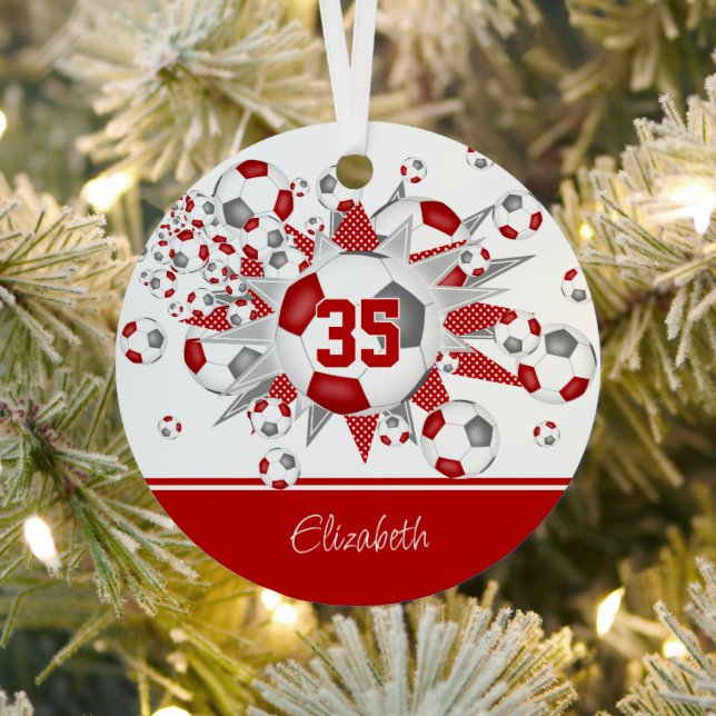 Red gray soccer balls stars personalized  metal ornament (Insitu)