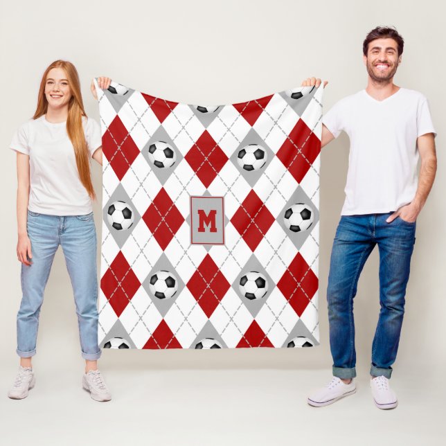 red gray soccer team colors argyle fleece blanket (In Situ)
