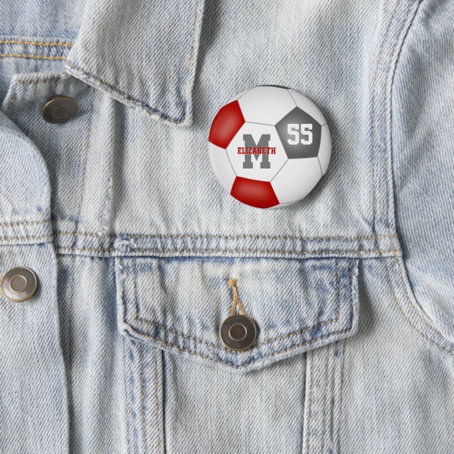 Red gray soccer team colors personalized button (In Situ)
