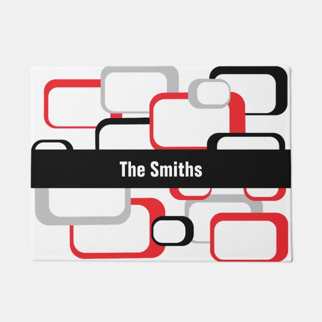 Red Gray Square Pattern Black Stripe Personalize Doormat (Front)