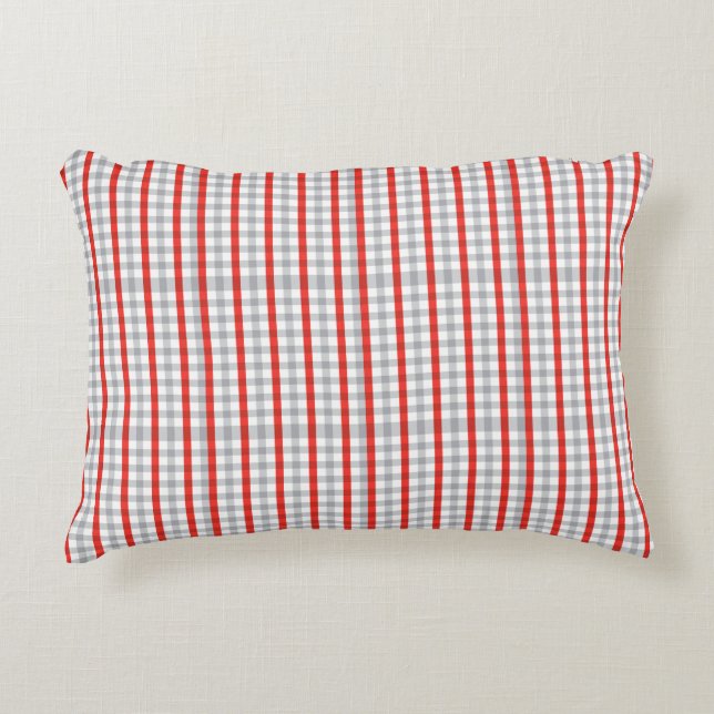Red Gray Striped Checked Plaid Accent Pillow (Front)