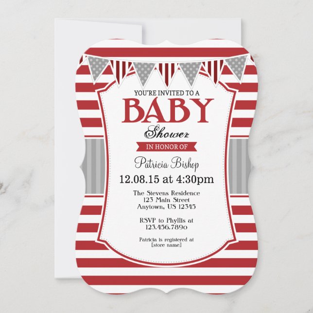 Red Gray Stripes Baby Shower Invitation (Front)