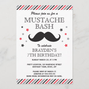 Red gray stripes mustache bash birthday party invitation
