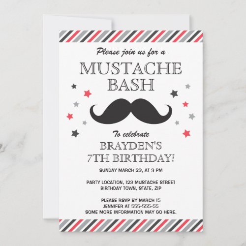 Red gray stripes mustache bash birthday party invitation