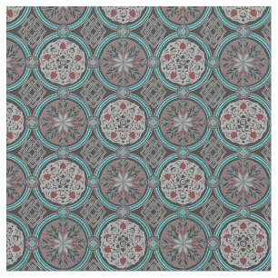 Red, Gray & Teal Damask Style Brocade Fabric
