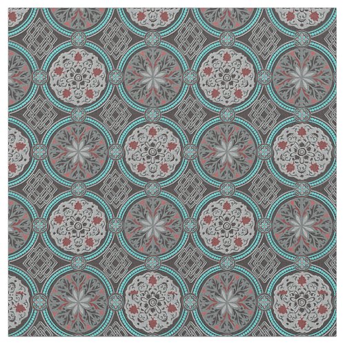 Red Gray  Teal Damask Style Brocade Fabric