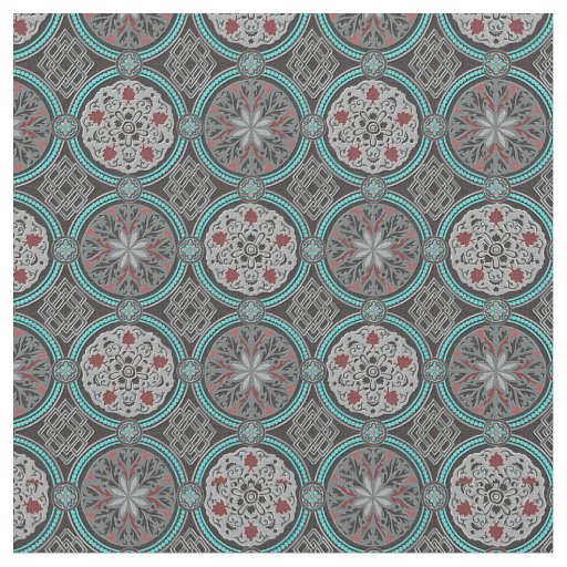Red, Gray & Teal Damask Style Brocade Fabric