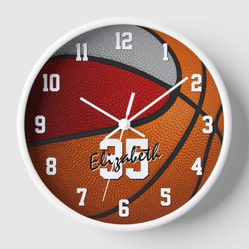 red gray team colors basketball personalized clock