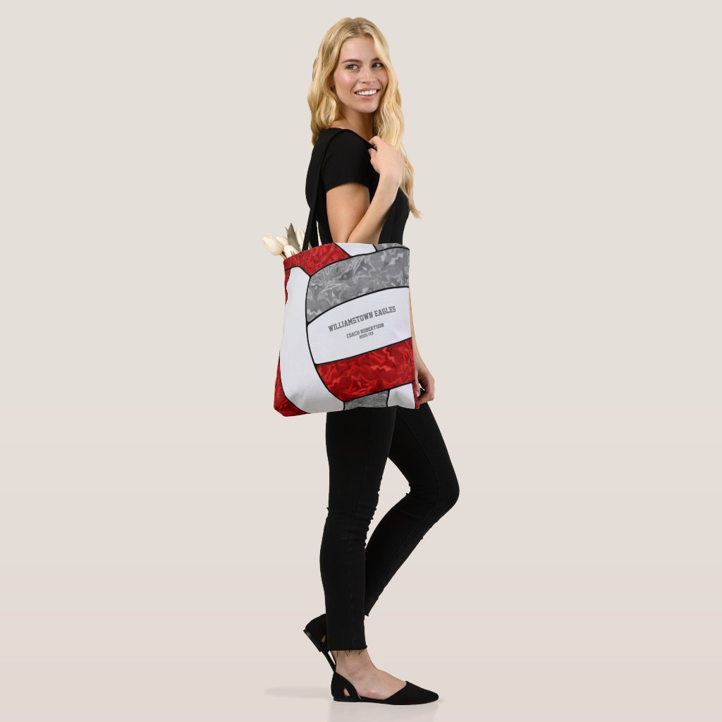 red gray team colors girls volleyball coach tote bag