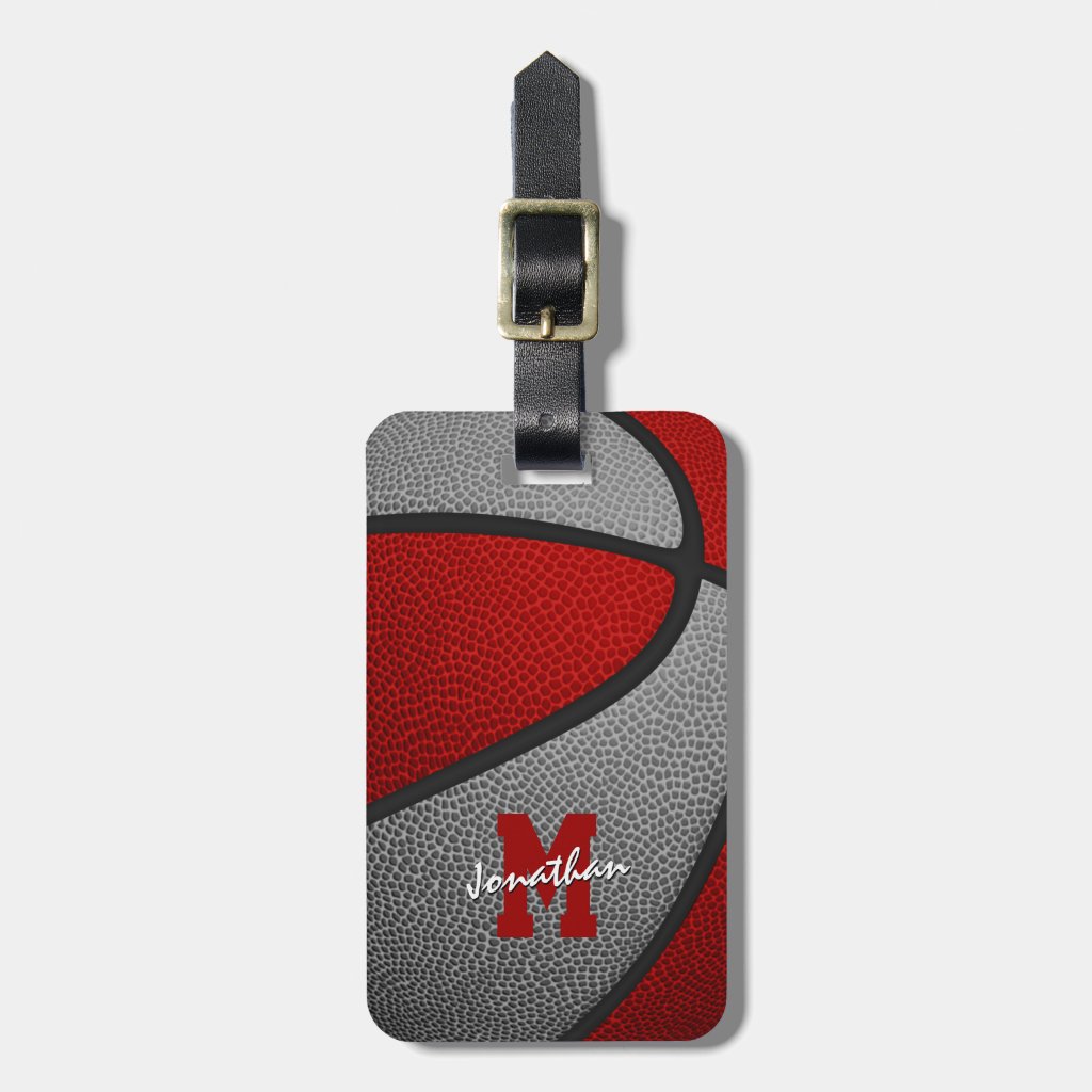 red gray team colors monogrammed basketball travel team luggage tag