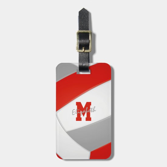 red gray team colors monogrammed volleyball luggage tag