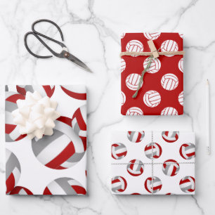 red gray team colors volleyball 3 pc coordinating wrapping paper sheets