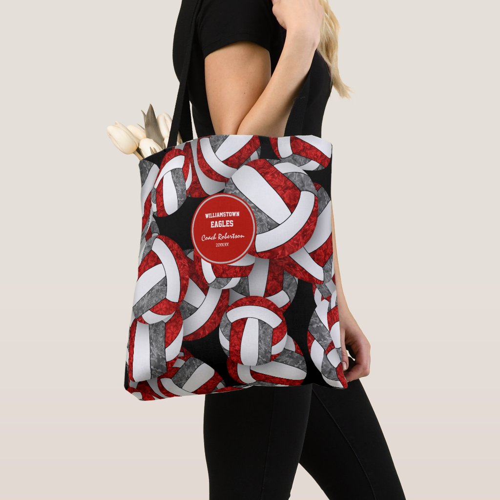 red gray team colors volleyball coach tote bag