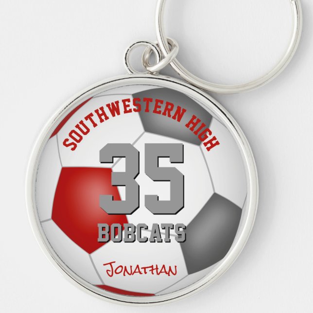 red gray team player name boys girls soccer keychain (Front)