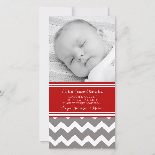 Red Gray Thank You Baby Shower Photo Cards (Front)
